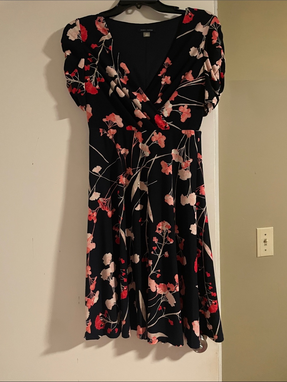Tommy Hilfiger Black Floral V-Neck Fit & Flare Dress with Pink and Red Blooms